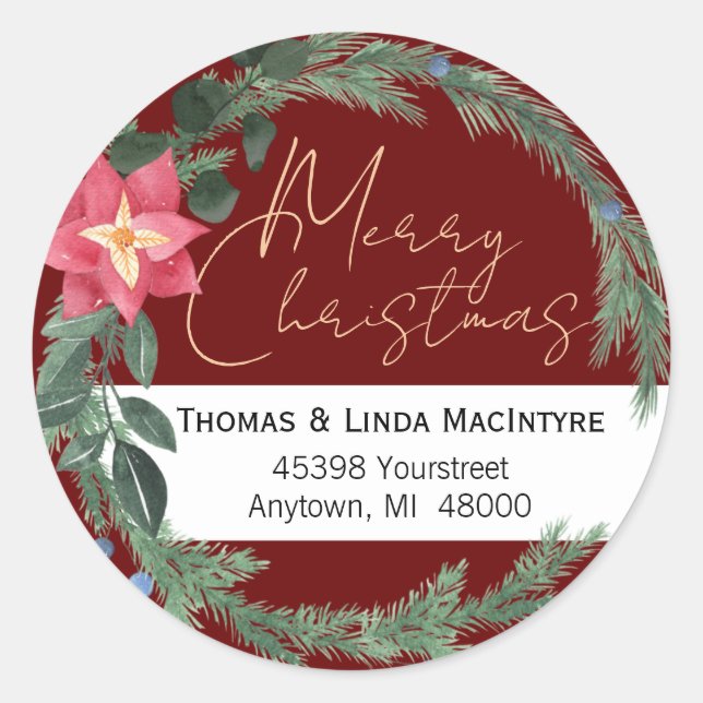 Holiday Wreath Red Green Return Address Classic Round Sticker (Front)