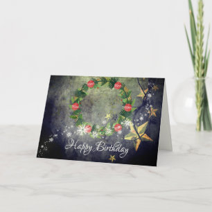 Holiday Wreath, Stars and Snow Winter Birthday Card