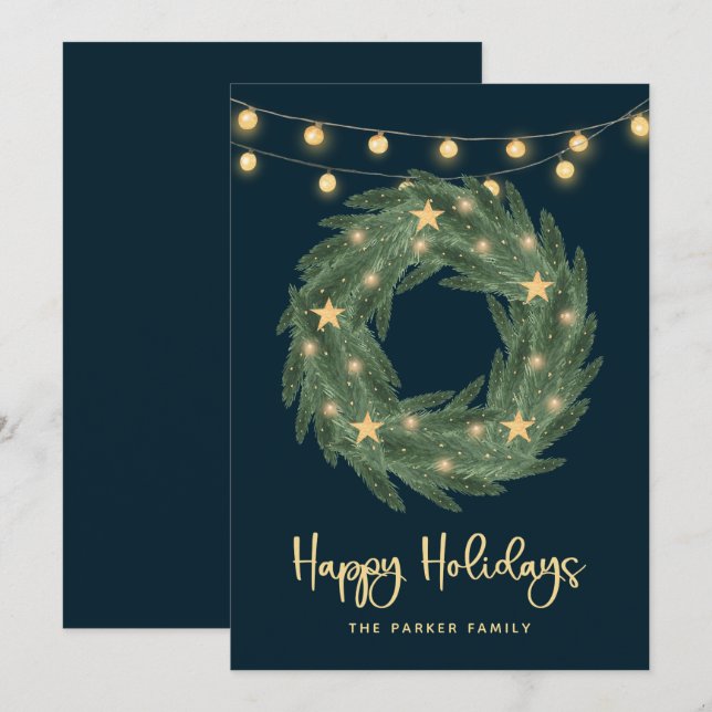 Holiday Wreath with Gold String Lights on Blue Card (Front/Back)