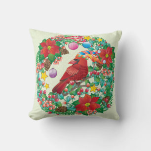 Holiday Wreath with Red Cardinal Bird Throw Pillow