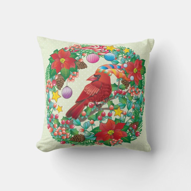 Holiday Wreath with Red Cardinal Bird Throw Pillow (Front)