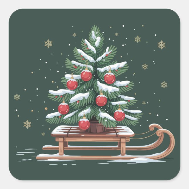 Holiday Xmas Tree Sleigh Winter Holiday Snowflakes Square Sticker (Front)