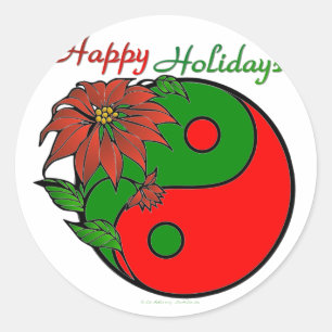 Holiday Yin Yang Poinsettia Green Red Classic Round Sticker
