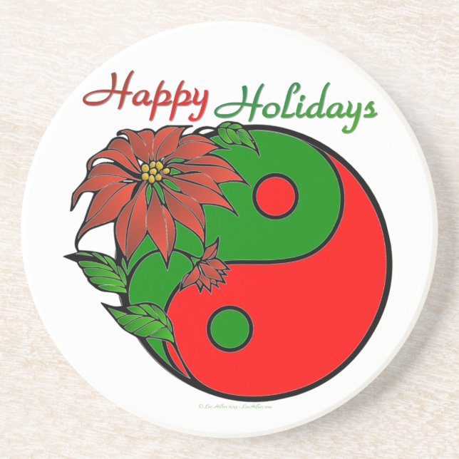 Holiday Yin Yang Poinsettia Green Red Coaster (Front)