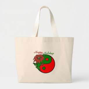 Holiday Yin Yang Poinsettia Green Red Large Tote Bag