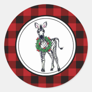 Holiday Zebra illustration, buffalo plaid Classic Round Sticker