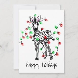 Holiday Zebra, red, green Christmas twinkle lights Card