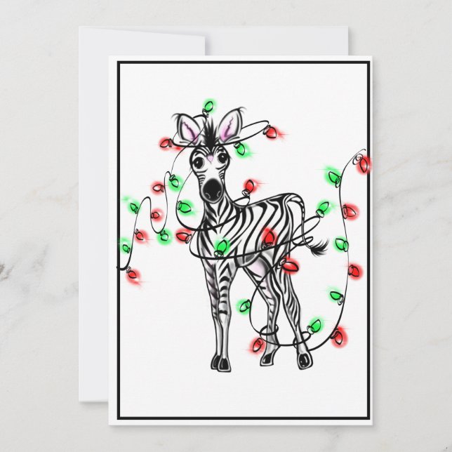 Holiday Zebra, red, green Christmas twinkle lights Card (Front)