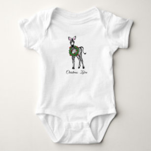 Holiday Zebra with red and green holly wreath Baby Bodysuit