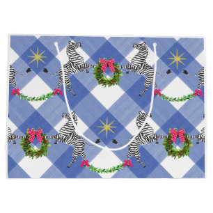 Holiday Zebras Blue Plaid Large Gift Bag