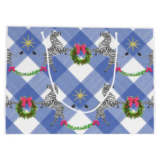 Holiday Zebras Blue Plaid Large Gift Bag