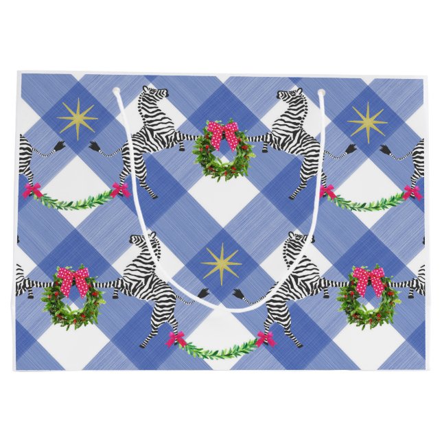 Holiday Zebras Blue Plaid Large Gift Bag (Back)
