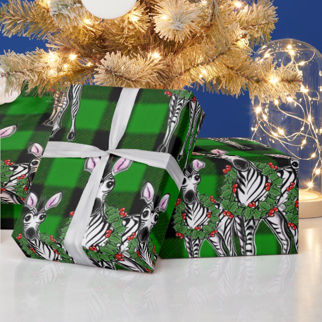 Holiday Zebras , Christmas wreath, green plaid   Wrapping Paper (Holidays)