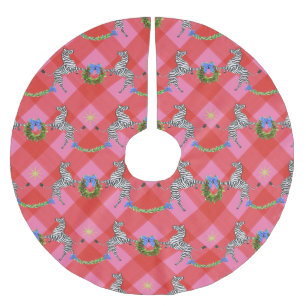 Holiday Zebras Pink Plaid Brushed Polyester Tree Skirt