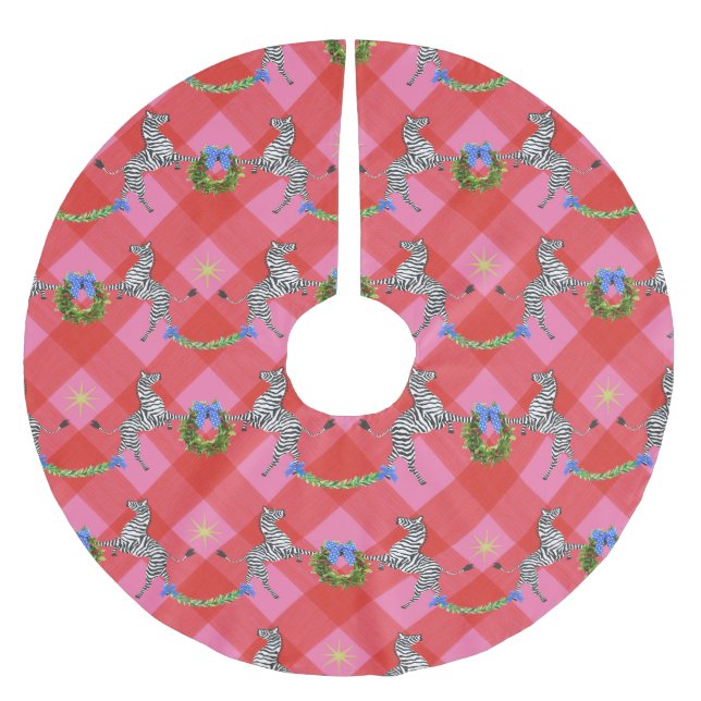 Holiday Zebras Pink Plaid Brushed Polyester Tree Skirt (Front)