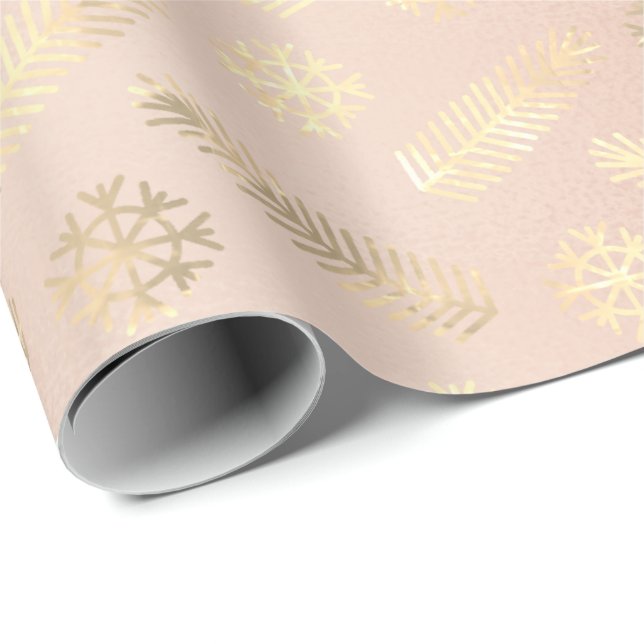 Holidays Christmas Snowflakes Gold Pink Blush Wrapping Paper (Roll Corner)