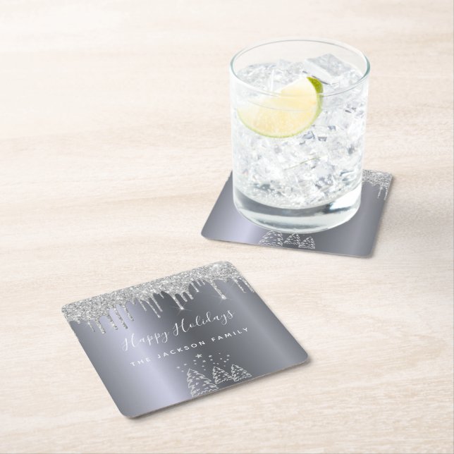 Holidays silver glitter forest trees square paper coaster (Insitu)