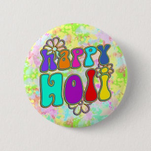 holiES - HAPPY HOLI coloured outline flowers 1 2 Inch Round Button