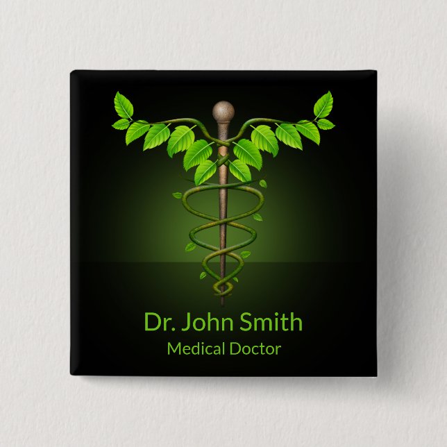 Holistic Alternative Medical Caduceus Green Leaves 2 Inch Square Button (Front)