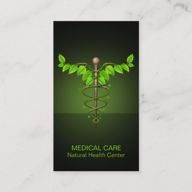 Holistic Alternative Medical Caduceus Green Leaves Business Card (Front)