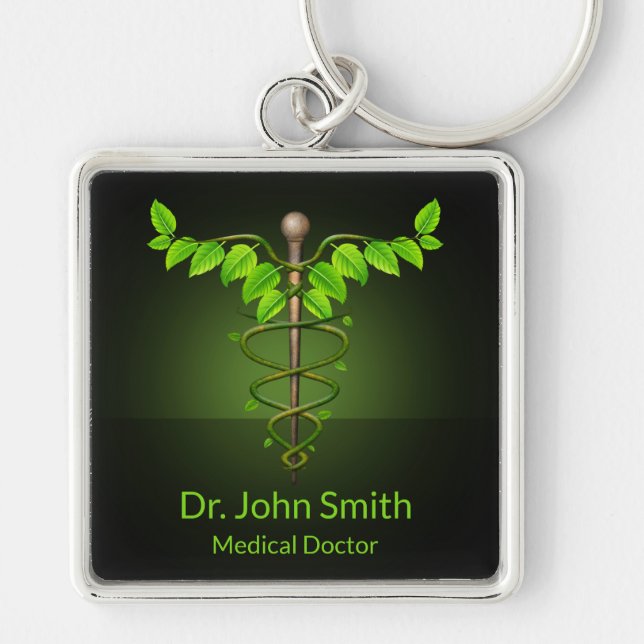 Holistic Alternative Medical Caduceus Green Leaves Keychain (Front)