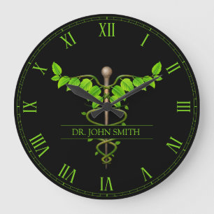 Holistic Alternative Medical Caduceus Green Leaves Large Clock