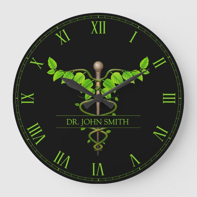 Holistic Alternative Medical Caduceus Green Leaves Large Clock (Front)