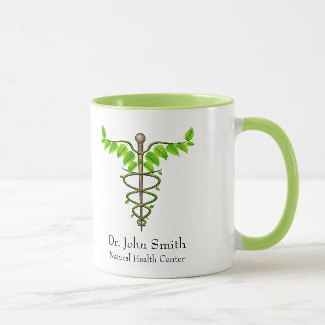 Holistic Alternative Medical Caduceus Green Leaves Mug (Right)