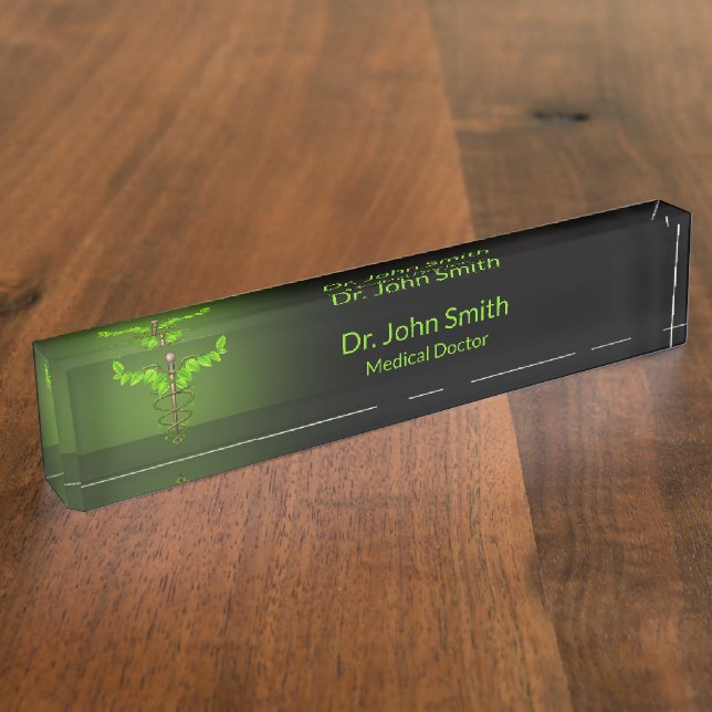 Holistic Alternative Medical Caduceus Green Leaves Nameplate (Side)