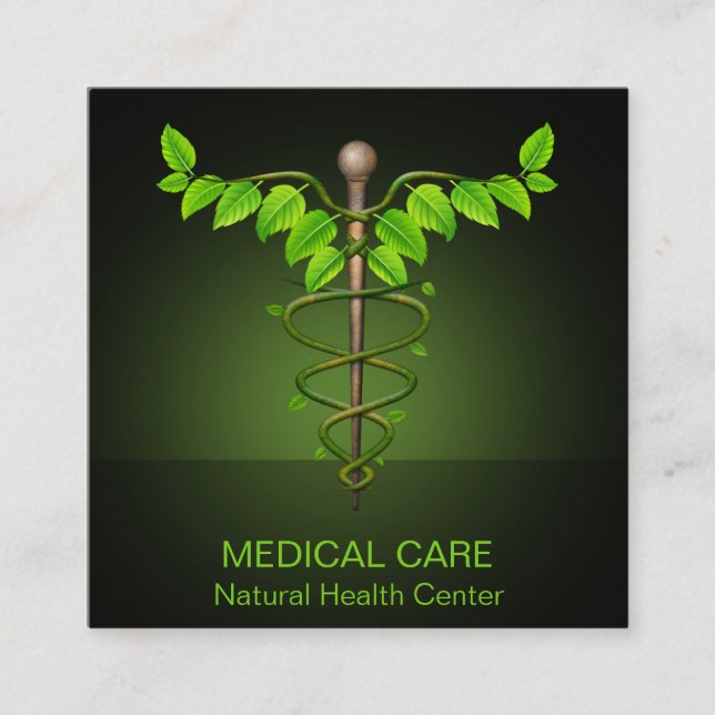 Holistic Alternative Medical Caduceus Green Leaves Square Business Card (Front)