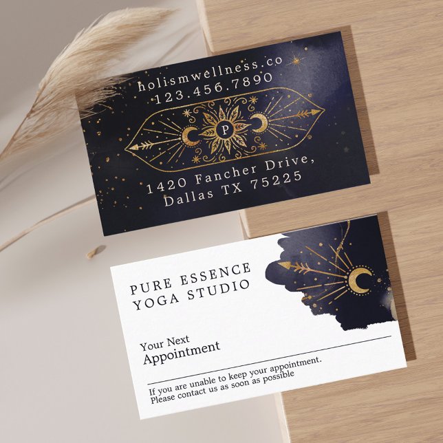 Holistic Celestial Sun & Moon Dark Ink Monogram Appointment Card (Holistic Celestial Sun & Moon Dark Ink Monogram Appointment Card)