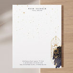 Holistic Celestial Sun & Moon Dark Ink Monogram Letterhead<br><div class="desc">The design features our own hand-drawn holistic sun and moon crest design/logo in faux gold glitter. The design/logo is created with intricate and decorative details. Customize with your business name and contact info. The reverse side features Deep navy and gold accents along with our moon design. The logo is hand-drawn...</div>