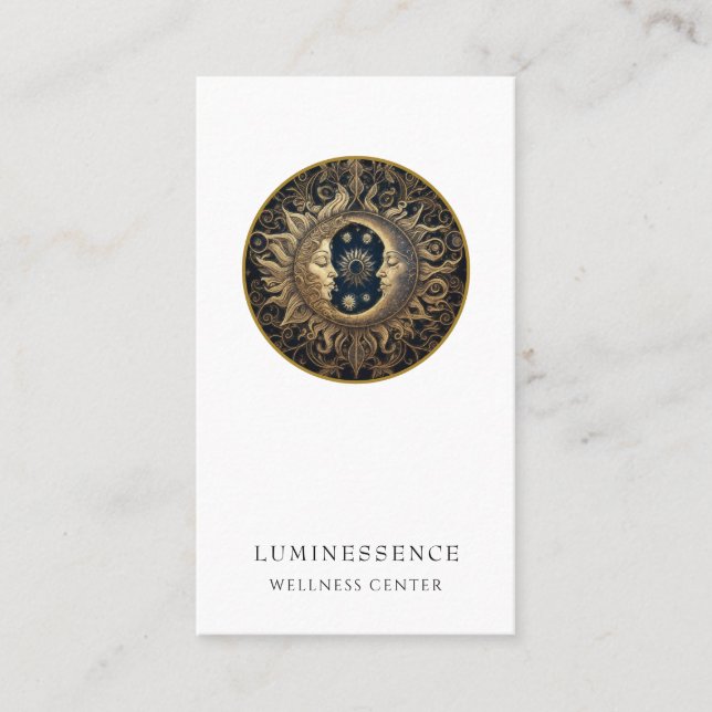 Holistic Celestial Sun Moon Gold Black Business Card (Front)