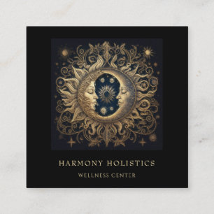 Holistic Celestial Sun Moon Gold Black Square Business Card