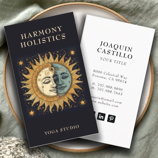 Holistic Celestial Sun Moon Stars Gold Black Business Card (Creator Uploaded)