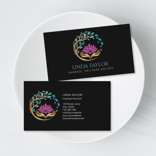 Holistic Massage Therapist Wellness Spa Lotus Business Card (massage logo with hands holding a lotus flower and tree of life, gradient gold, green and purple col)