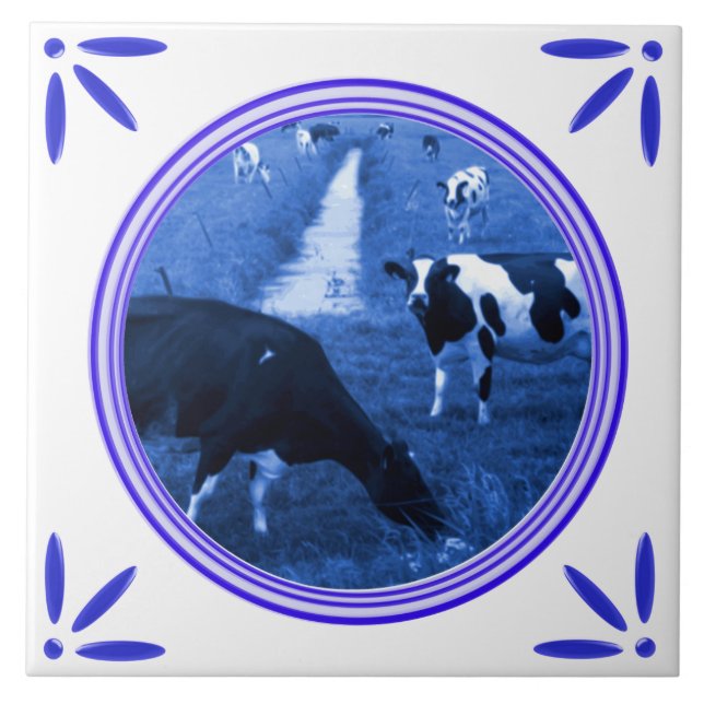 Holland Cows Delft Blue Printed Tile (Front)