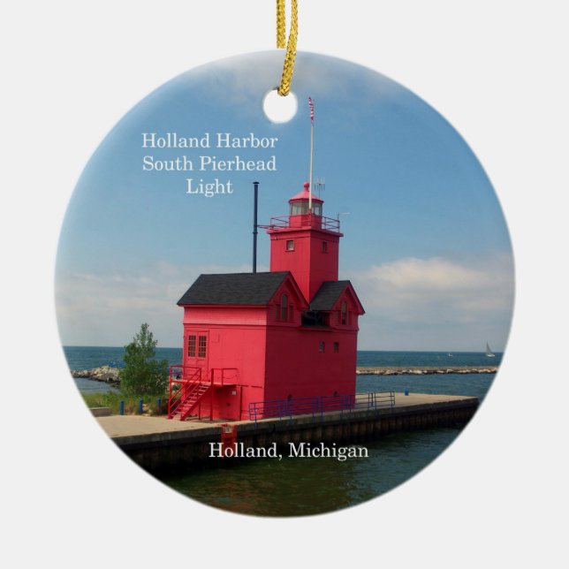 Holland Harbour South Pierhead Light circle magnet Ceramic Ornament (Front)