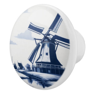 Holland Netherlands Windmill Delft Blue and White Ceramic Knob