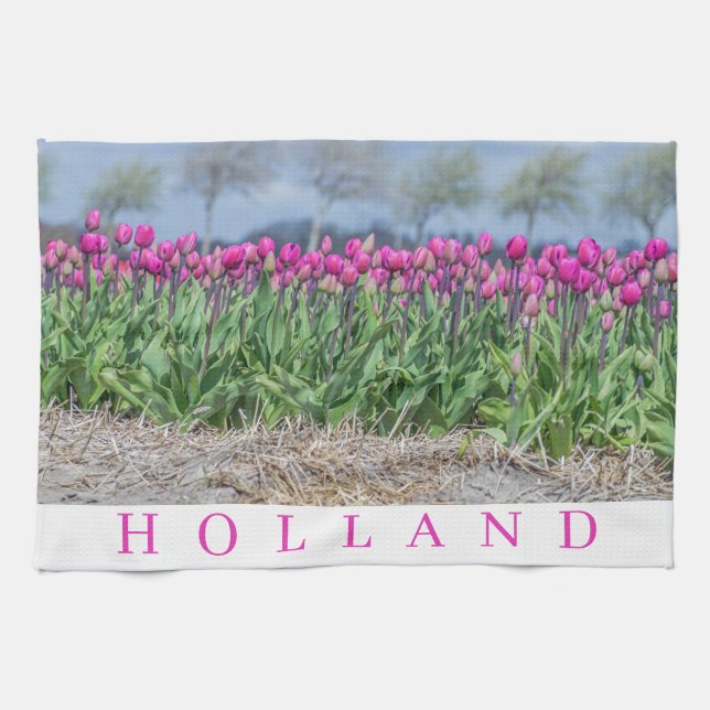 Holland pink tulips field view tea towel (Horizontal)