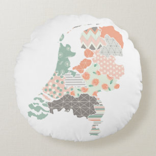 Holland Province Map Geometric Patchwork Style Round Pillow