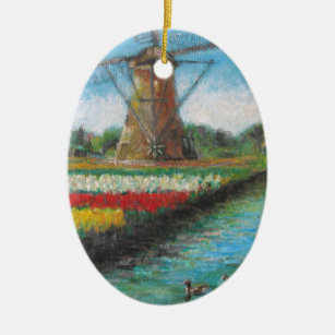 Holland Windmill Tulip Fields Painting Ceramic Ornament