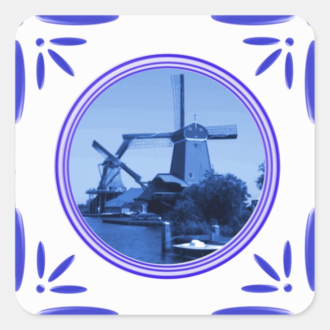 Holland Windmills Delft-Blue-Tile-Look Printed Square Sticker (Front)