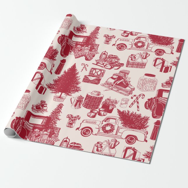 Holliday Tailgating Toile Christmas Wrapping Paper (Unrolled)