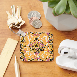 Hollow Life, Bold Black Orange Floral Keychain