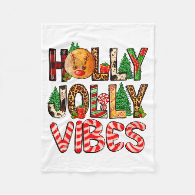 Holly A Jolly Vibes Reindeer Christmas Trees Light Fleece Blanket (Front)