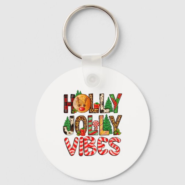 Holly A Jolly Vibes Reindeer Christmas Trees Light Keychain (Front)