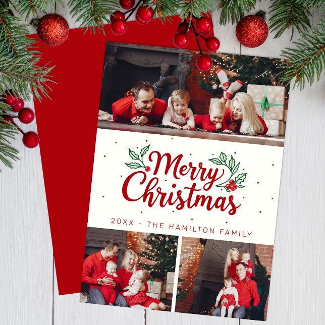 Holly Accent 3 Photo Merry Christmas Card (Simple Christmas Card)