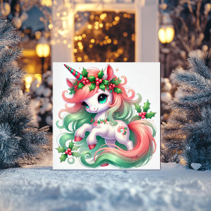 Holly-Adorned Unicorn in Red and Green Holiday Card