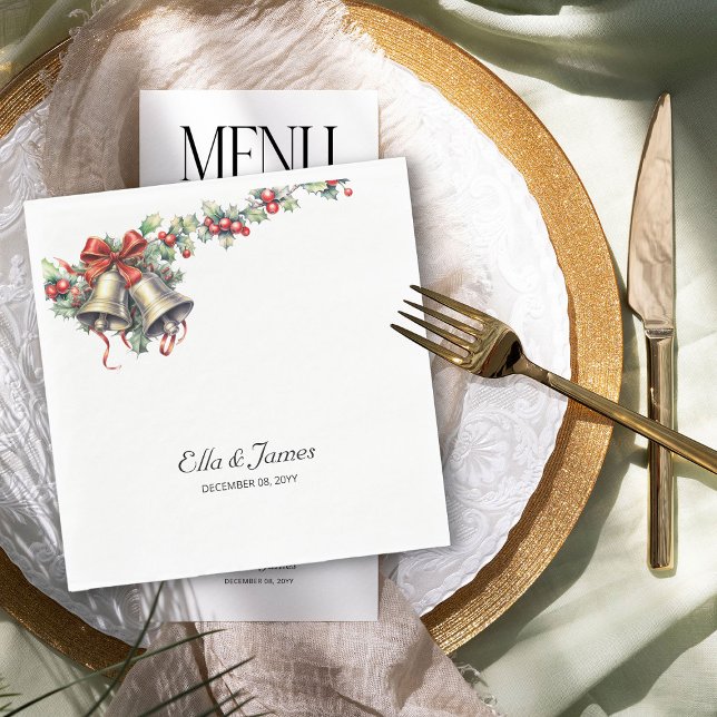 Holly and Bells Personalized Winter Wedding Napkin (Wedding Napkins from the Holly Bells Wedding Collection by Darling and May)